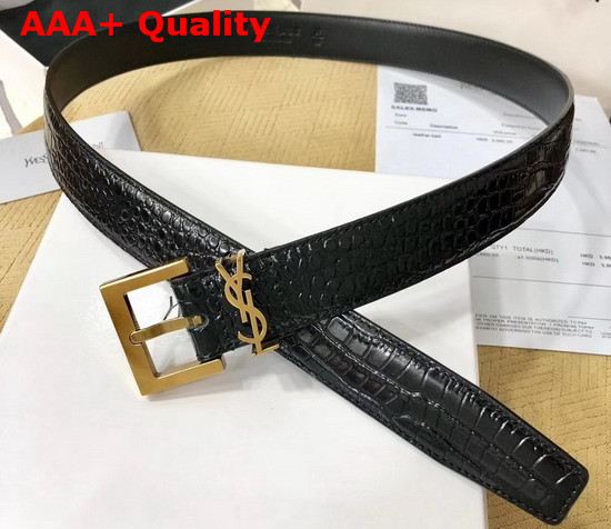 Saint Laurent Monogramme Belt with Square Buckle in Crocodile Embossed Leather Black Calfskin Leather and Gold Toned Metal Hardware Replica