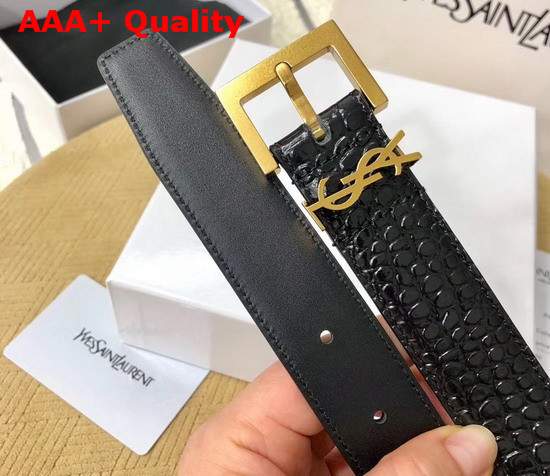 Saint Laurent Monogramme Belt with Square Buckle in Crocodile Embossed Leather Black Calfskin Leather and Gold Toned Metal Hardware Replica