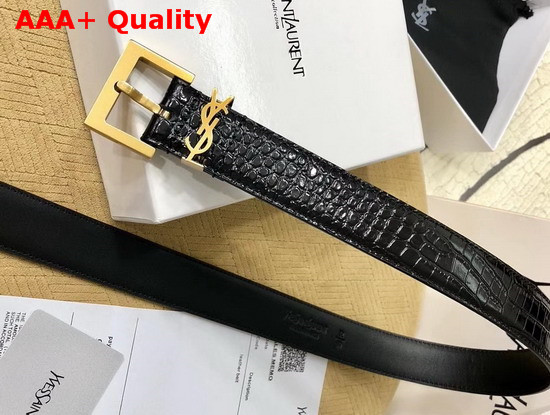 Saint Laurent Monogramme Belt with Square Buckle in Crocodile Embossed Leather Black Calfskin Leather and Gold Toned Metal Hardware Replica