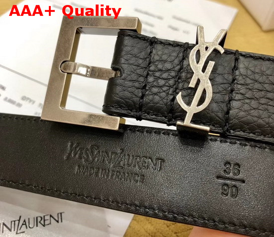 Saint Laurent Monogramme Belt with Square Buckle in Grained Leather Black Calfskin Leather and Silver Toned Metal Hardware Replica