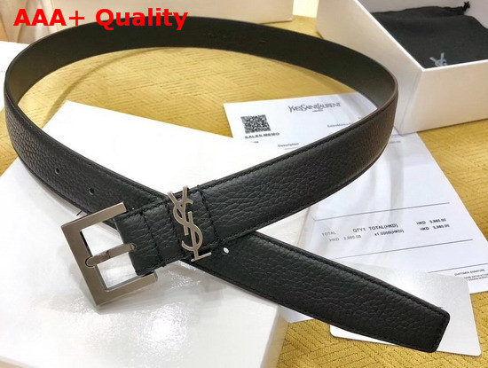 Saint Laurent Monogramme Belt with Square Buckle in Grained Leather Black Calfskin Leather and Silver Toned Metal Hardware Replica