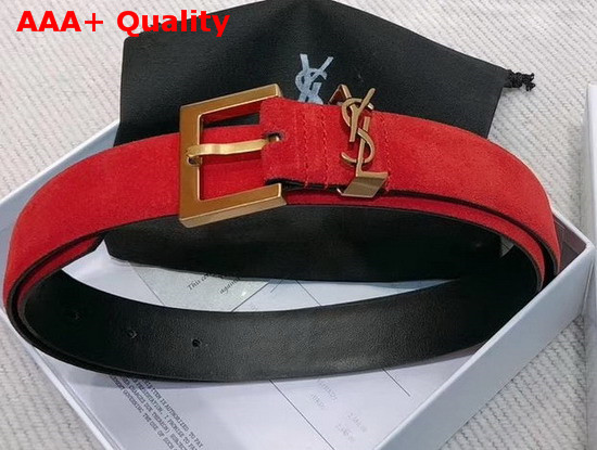 Saint Laurent Monogramme Belt with Square Buckle in Red Suede with Bronze Tone Metal Hardware Replica