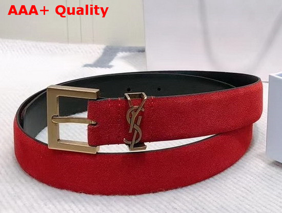 Saint Laurent Monogramme Belt with Square Buckle in Red Suede with Bronze Tone Metal Hardware Replica