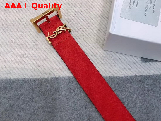 Saint Laurent Monogramme Belt with Square Buckle in Red Suede with Bronze Tone Metal Hardware Replica