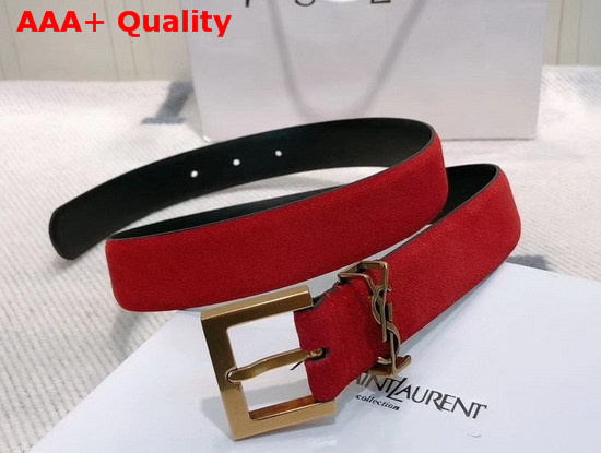 Saint Laurent Monogramme Belt with Square Buckle in Red Suede with Bronze Tone Metal Hardware Replica