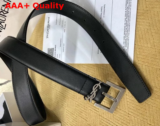 Saint Laurent Monogramme Belt with Square Buckle in Smooth Leather Black Calfskin Leather and Silver Toned Metal Buckle Replica