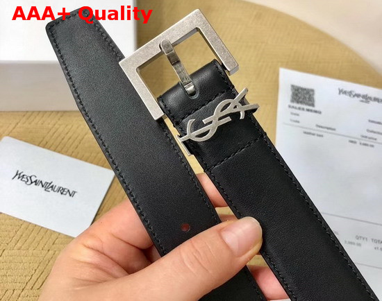 Saint Laurent Monogramme Belt with Square Buckle in Smooth Leather Black Calfskin Leather and Silver Toned Metal Buckle Replica