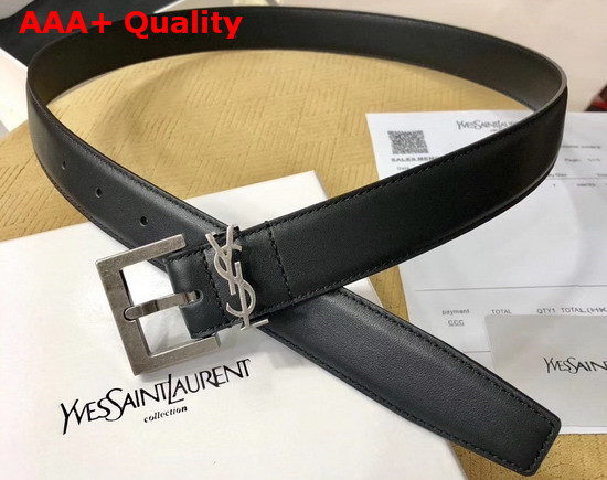 Saint Laurent Monogramme Belt with Square Buckle in Smooth Leather Black Calfskin Leather and Silver Toned Metal Buckle Replica