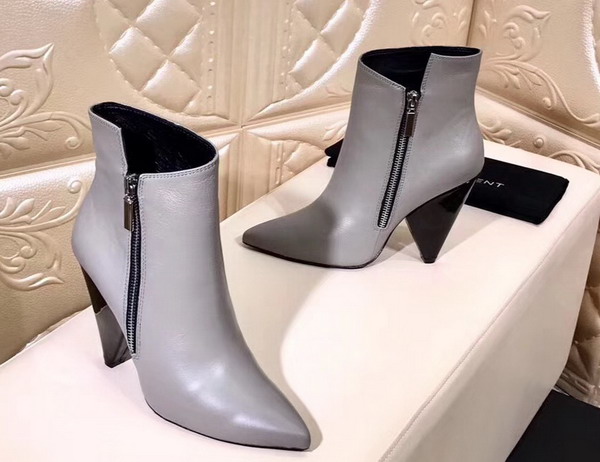 Saint Laurent Niki 105 Asymmetrical Ankle Boot in Silver Leather with Structural Cone Heel For Sale