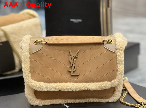 Saint Laurent Niki Baby Chain Bag in Natural Beige Suede and Shearling Replica