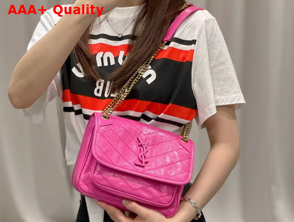 Saint Laurent Niki Baby Chain Bag in Neon Pink Crinkled Lambskin Replica