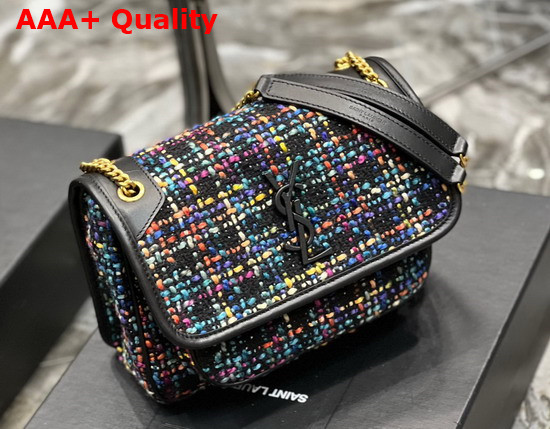 Saint Laurent Niki Baby in Checked Tweed and Vintage Crinkled Leather Black Replica