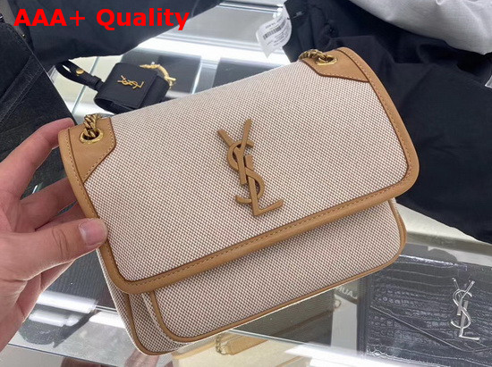 Saint Laurent Niki Baby in Cotton Canvas and Vintage Leather Natural Beige Replica