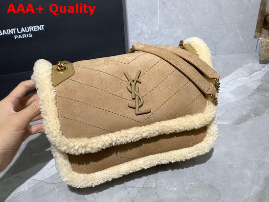 Saint Laurent Niki Baby in Nubuck and Shearling Natural Replica