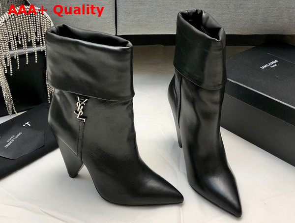 Saint Laurent Niki Booties in Black Smooth Leather and Silver Tone Monogram Replica