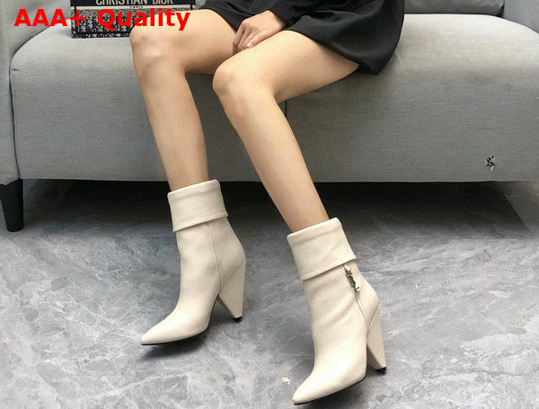 Saint Laurent Niki Booties in Smooth Leather and Silver Tone Monogram Real Beige Replica