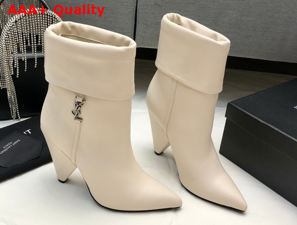 Saint Laurent Niki Booties in Smooth Leather and Silver Tone Monogram Real Beige Replica