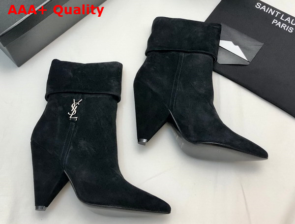 Saint Laurent Niki Booties in Suede and Silver Tone Monogram Noir Replica