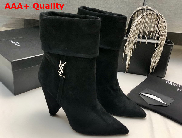 Saint Laurent Niki Booties in Suede and Silver Tone Monogram Noir Replica