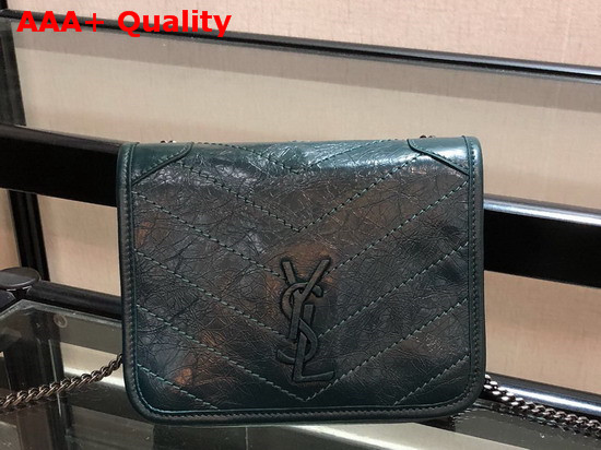 Saint Laurent Niki Chain Wallet in Deep Green Crinkled Vintage Leather Replica