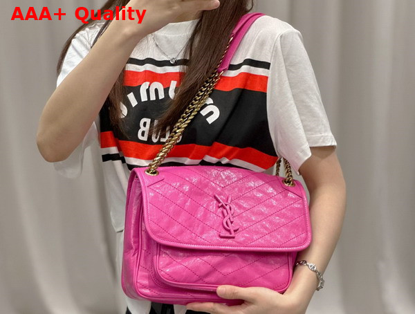 Saint Laurent Niki Medium Chain Bag in Neon Pink Crinkled Lambskin Replica