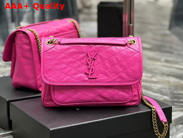 Saint Laurent Niki Medium Chain Bag in Neon Pink Crinkled Lambskin Replica