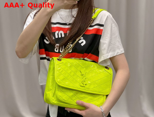 Saint Laurent Niki Medium Chain Bag in Neon Yellow Crinkled Lambskin Replica