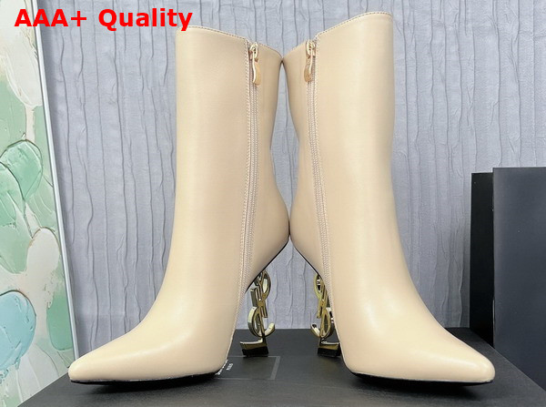 Saint Laurent Opyum Ankle Booties in Smooth Leather with a Gold Tone Heel Real Beige Replica