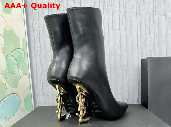 Saint Laurent Opyum Booties in Black Leather with Gold Tone Heel Replica