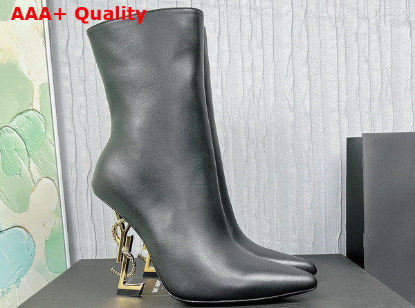 Saint Laurent Opyum Booties in Black Leather with Gold Tone Heel Replica