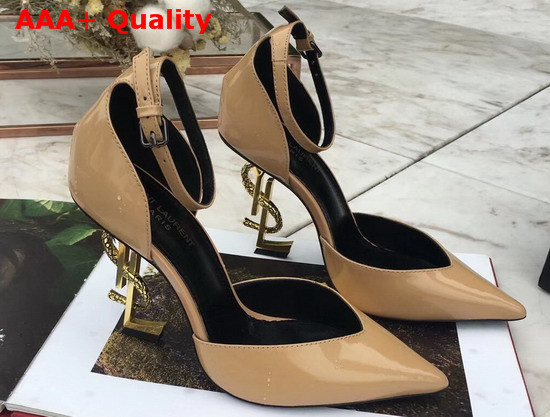 Saint Laurent Opyum Dorsay Pumps in Apricot Patent Leather with Bronze Snake Heel Replica