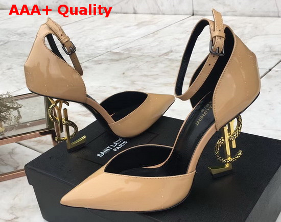 Saint Laurent Opyum Dorsay Pumps in Apricot Patent Leather with Bronze Snake Heel Replica