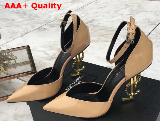 Saint Laurent Opyum Dorsay Pumps in Apricot Patent Leather with Bronze Snake Heel Replica