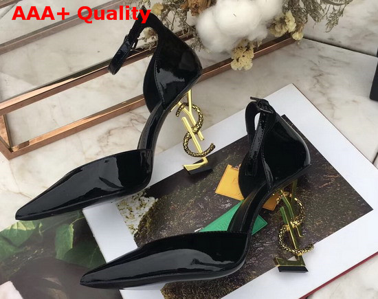 Saint Laurent Opyum Dorsay Pumps in Black Patent Leather with Bronze Snake Heel Replica