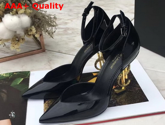 Saint Laurent Opyum Dorsay Pumps in Black Patent Leather with Bronze Snake Heel Replica