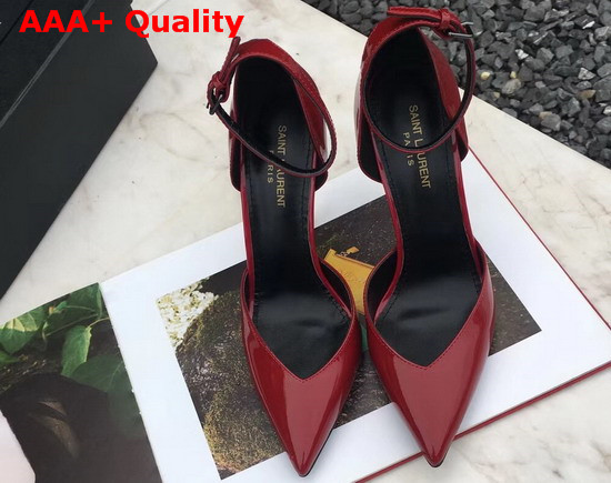 Saint Laurent Opyum Dorsay Pumps in Dark Red Patent Leather with Bronze Snake Heel Replica