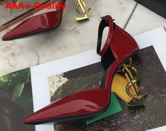 Saint Laurent Opyum Dorsay Pumps in Dark Red Patent Leather with Bronze Snake Heel Replica