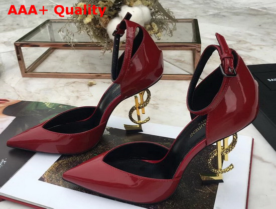 Saint Laurent Opyum Dorsay Pumps in Dark Red Patent Leather with Bronze Snake Heel Replica