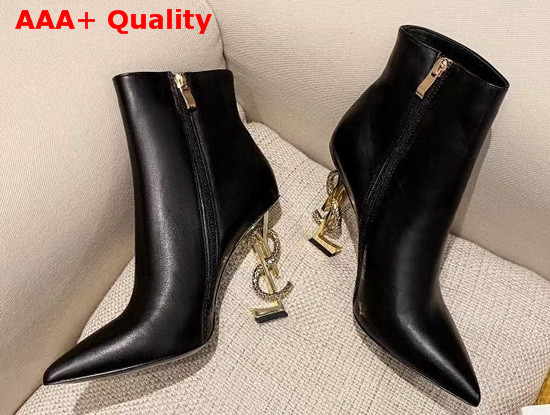 Saint Laurent Opyum Leather Ankle Boots with Bronze Snake Heel Black Calfskin Leather Replica