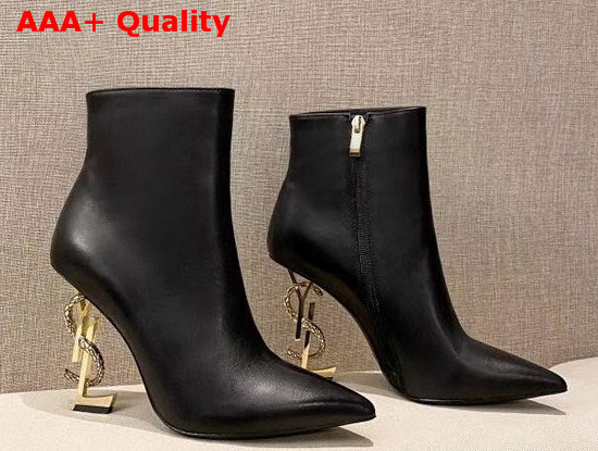 Saint Laurent Opyum Leather Ankle Boots with Bronze Snake Heel Black Calfskin Leather Replica