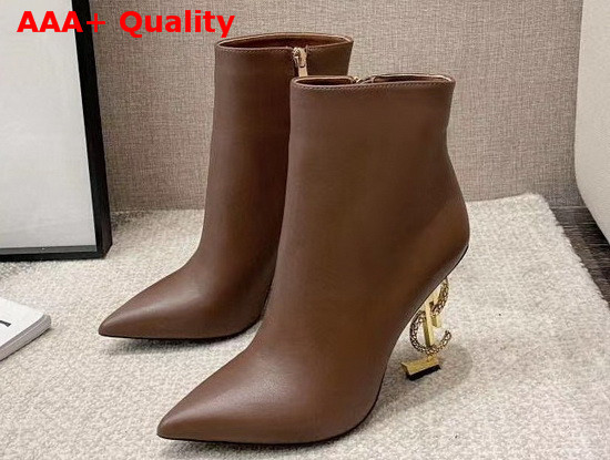 Saint Laurent Opyum Leather Ankle Boots with Bronze Snake Heel Brown Calfskin Leather Replica