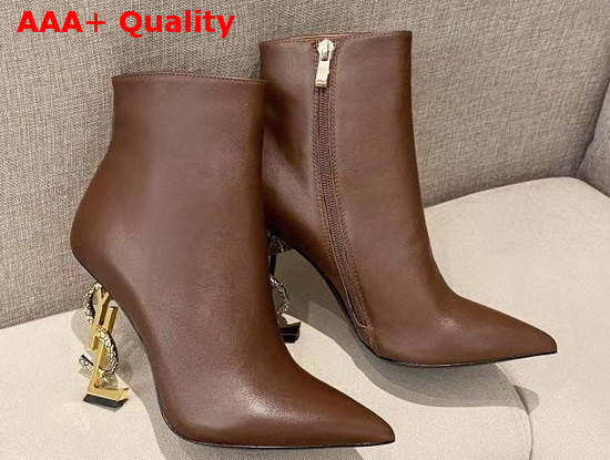 Saint Laurent Opyum Leather Ankle Boots with Bronze Snake Heel Brown Calfskin Leather Replica