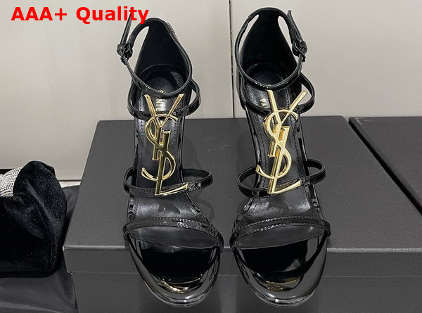 Saint Laurent Opyum Sandals in Black Patent Leather with Gold Tone Metal Replica