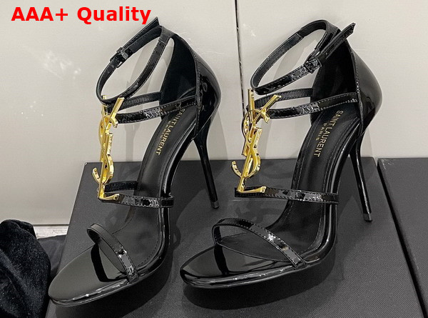 Saint Laurent Opyum Sandals in Black Patent Leather with Gold Tone Metal Replica