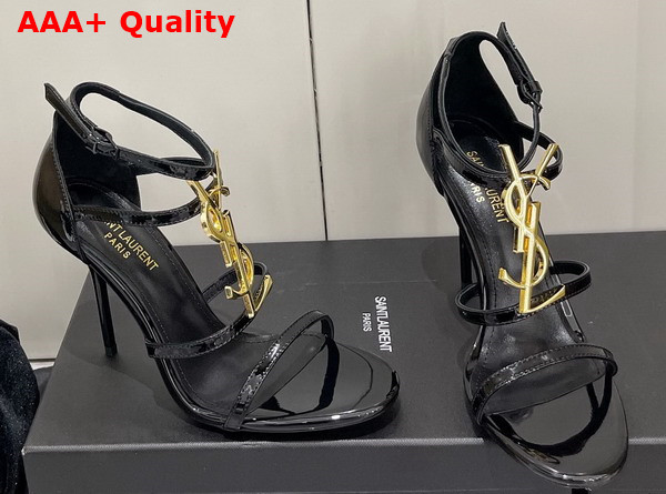 Saint Laurent Opyum Sandals in Black Patent Leather with Gold Tone Metal Replica