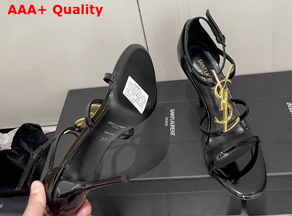 Saint Laurent Opyum Sandals in Black Patent Leather with Gold Tone Metal Replica