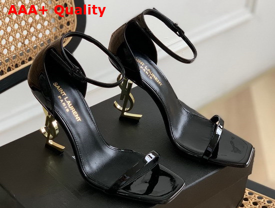 Saint Laurent Opyum Sandals in Patent Leather with Gold Tone Heel Black Replica