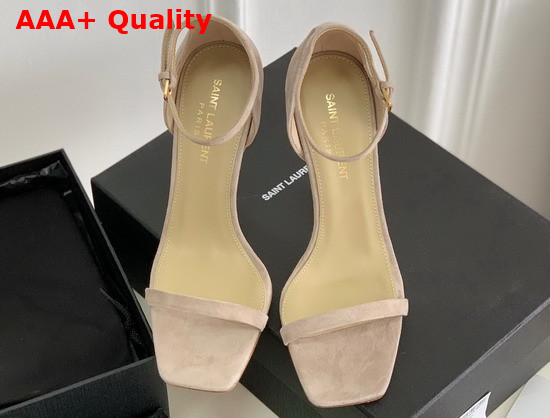 Saint Laurent Opyum Sandals in Suede with Pale Gold Tone Heel Powder Beige Replica