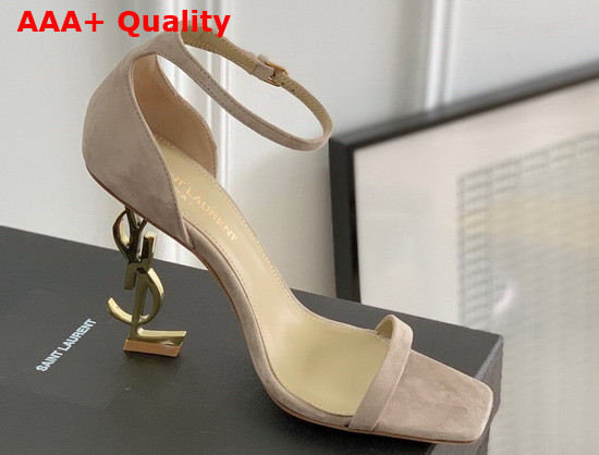 Saint Laurent Opyum Sandals in Suede with Pale Gold Tone Heel Powder Beige Replica