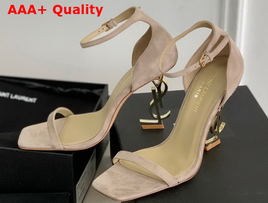 Saint Laurent Opyum Sandals in Suede with Pale Gold Tone Heel Powder Beige Replica